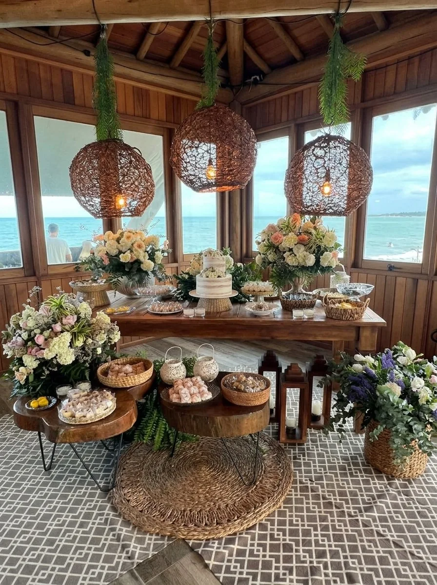 Mesa de doces de casamento com vista para o mar
