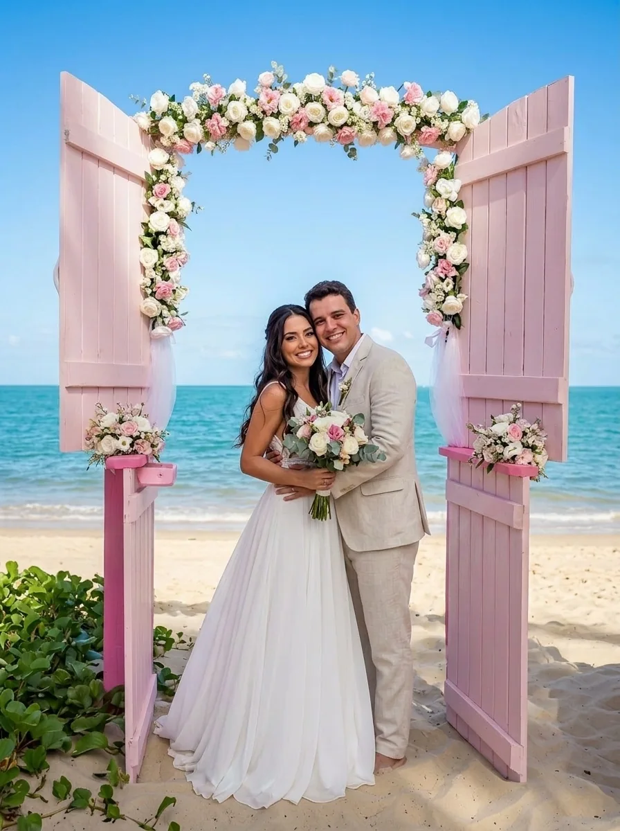 Noivos diante do mar em casamento na Praia do Mutá