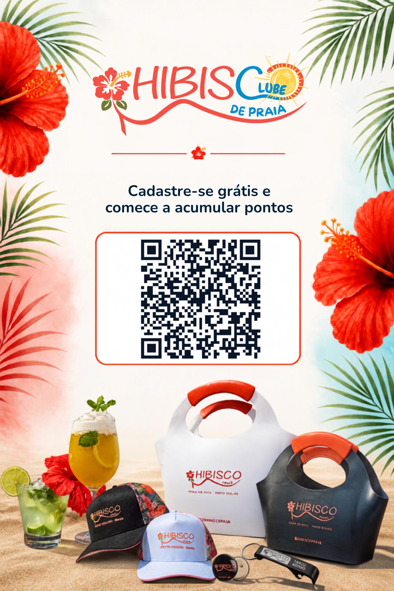 Convite do Hibisco Praia para entrar no Hibisco Club, com QR Code de cadastro e exemplos de prêmios