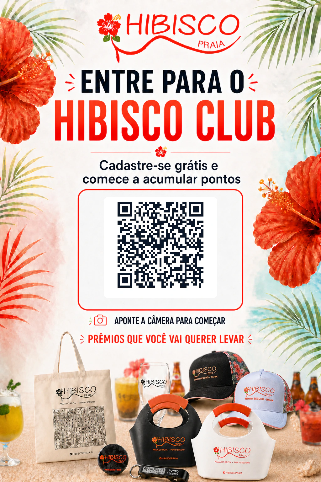 Convite do Hibisco Praia para entrar no Hibisco Club, com QR Code de cadastro e exemplos de prêmios